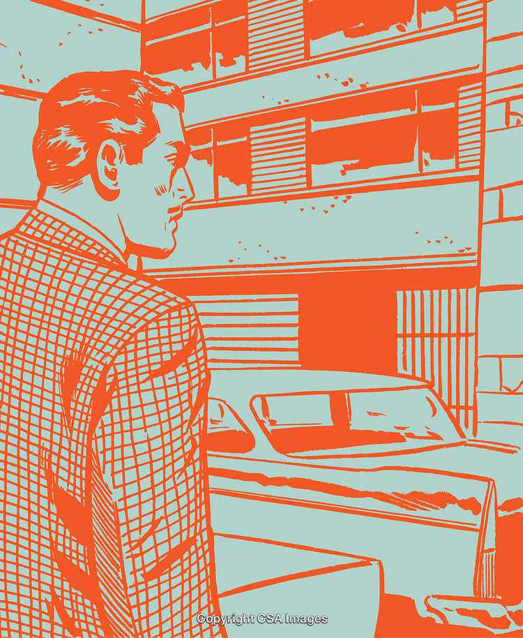 Retro Style Illustration of a Man in Urban Setting with Vintage Car