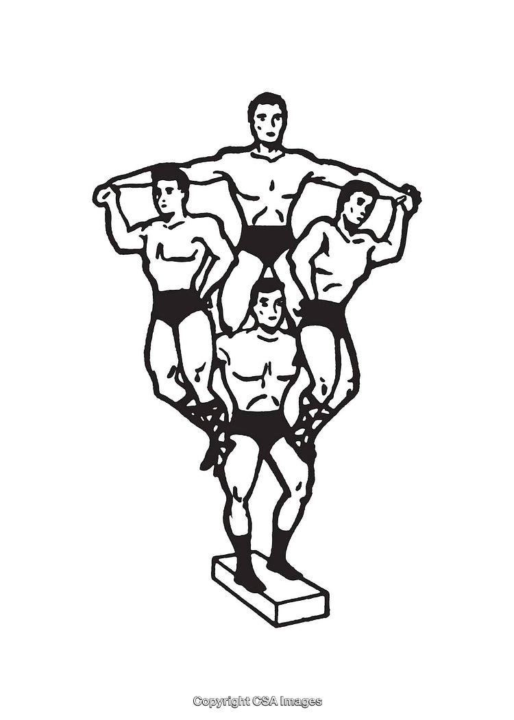 Men Forming a Human Pyramid in Black and White Line Art