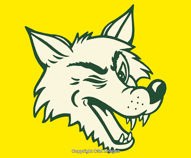 Playful Winking Cartoon Wolf Illustration on Bright Yellow Background