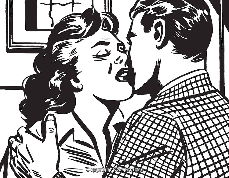 Vintage Black and White Illustration of a Romantic Couple Sharing a Kiss