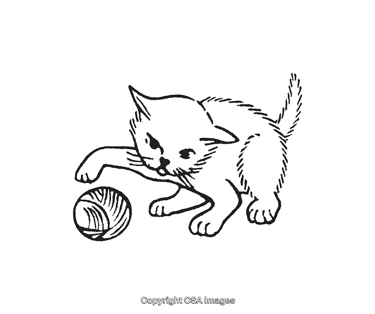 Black And White Line Art of a Kitten Playing With a Ball of Yarn