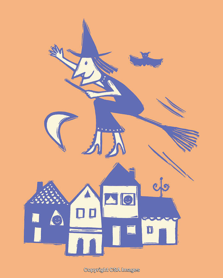 Whimsical Witch Flying Over Quaint Village During Moonlit Night