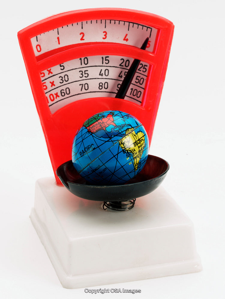 Toy Globe on Scale Representing Global Weight Relative Concepts