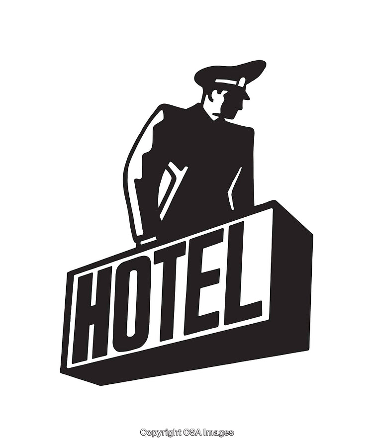 Stylized Black and White Hotel Sign with Uniformed Man Line Art