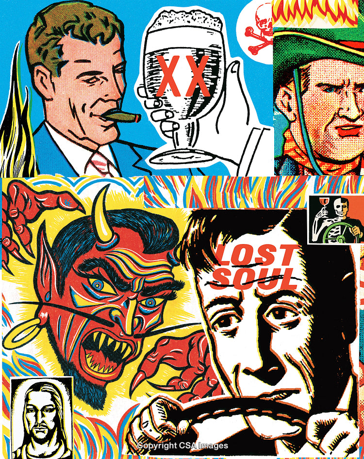 Retro Pop Art Collage Featuring Symbolic Juxtapositions and Iconic Illustrations