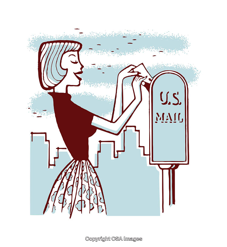 Retro Illustration of a Woman Mailing a Letter in a City Scene