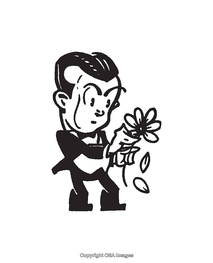 Black and White Line Art of Person Picking Petals from a Flower