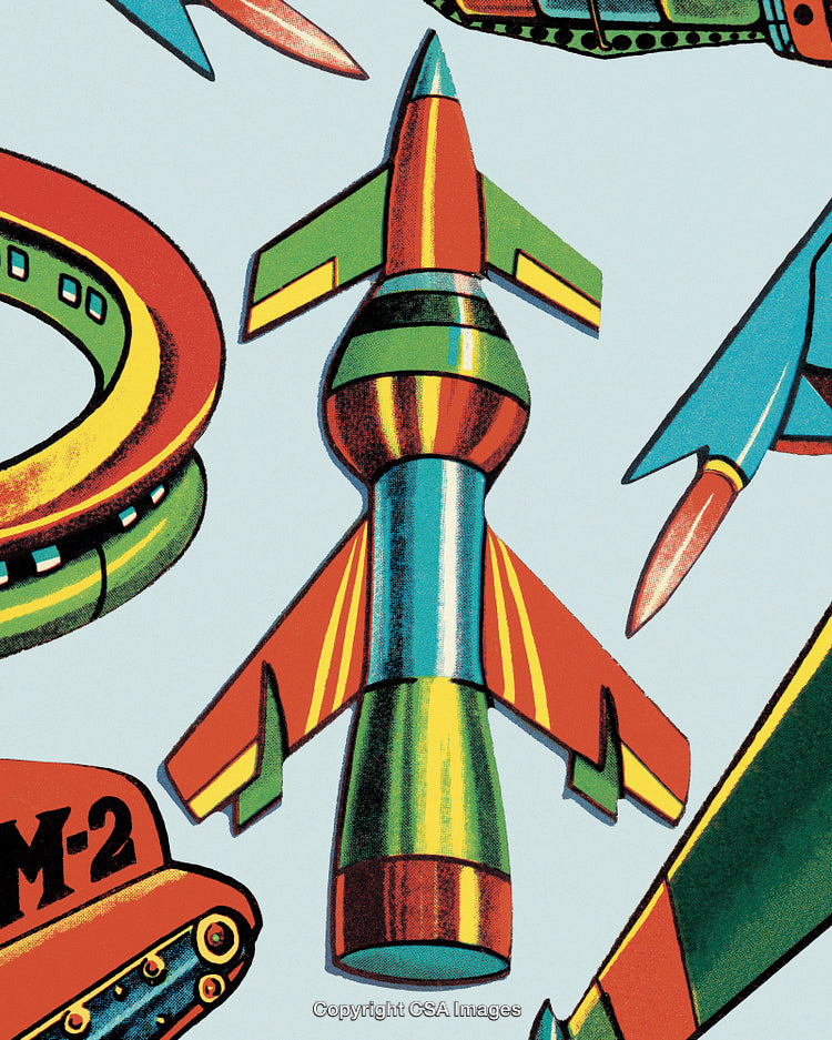 Colorful Retro-Style Illustrations Featuring Rockets and Futuristic Vehicles