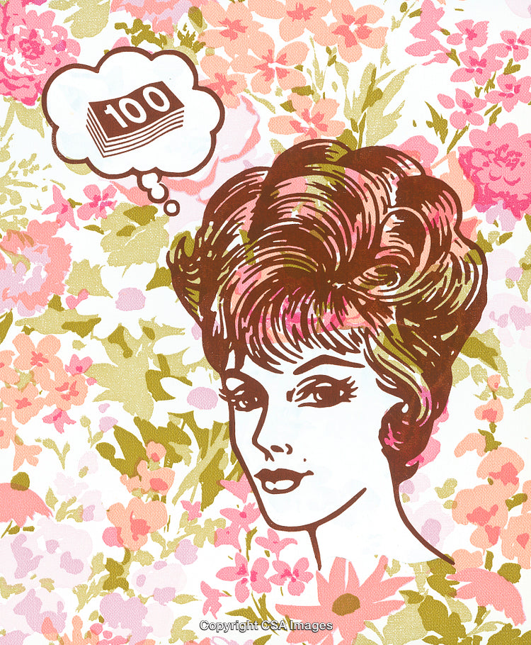 Retro Illustration of Thoughtful Woman with Floral Background Design