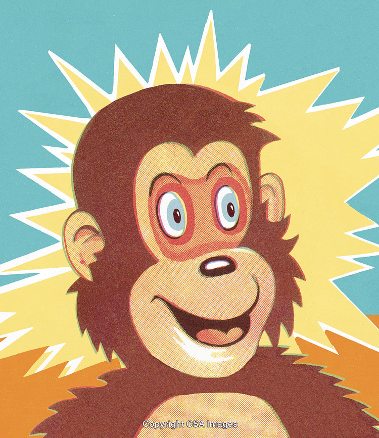 Cheerful Cartoon Monkey Character With Bright Starburst Background Design