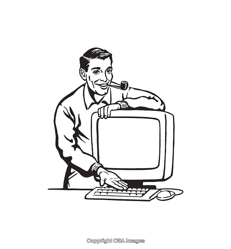 Vintage Line Art of Person With CRT Computer Display and Keyboard