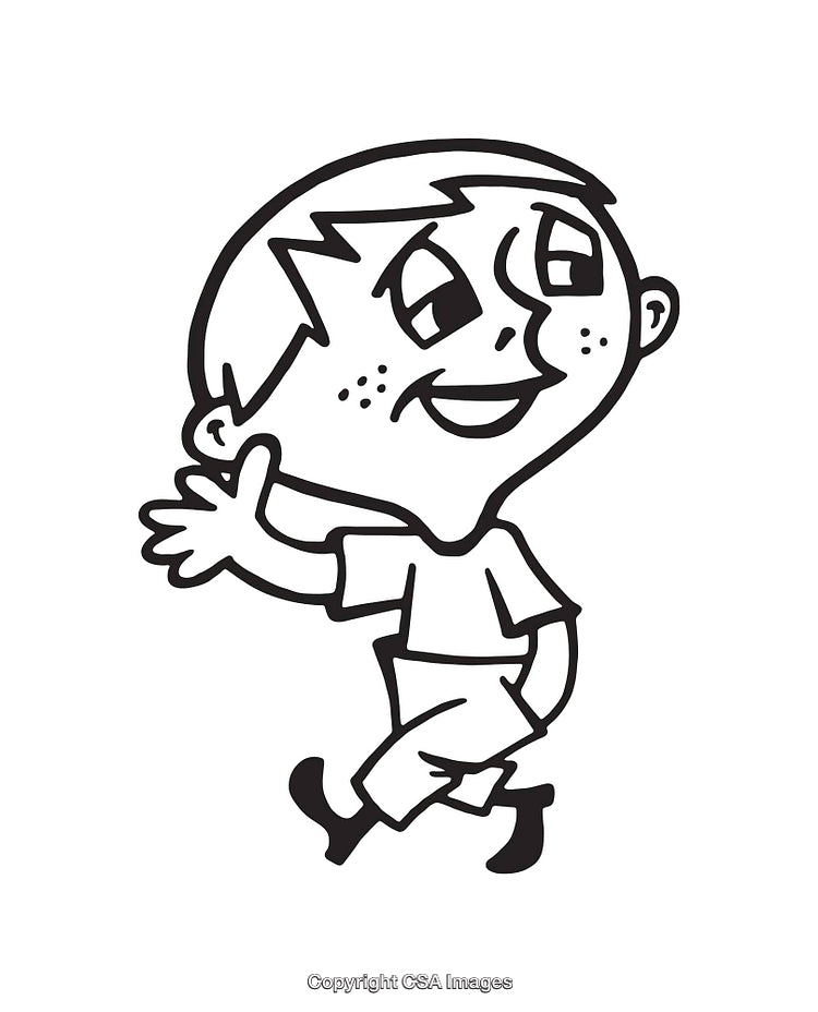 Playful Cartoon Boy Waving in Black and White Line Art Style