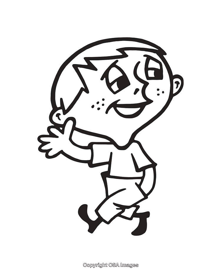 Playful Cartoon Boy Waving in Black and White Line Art Style