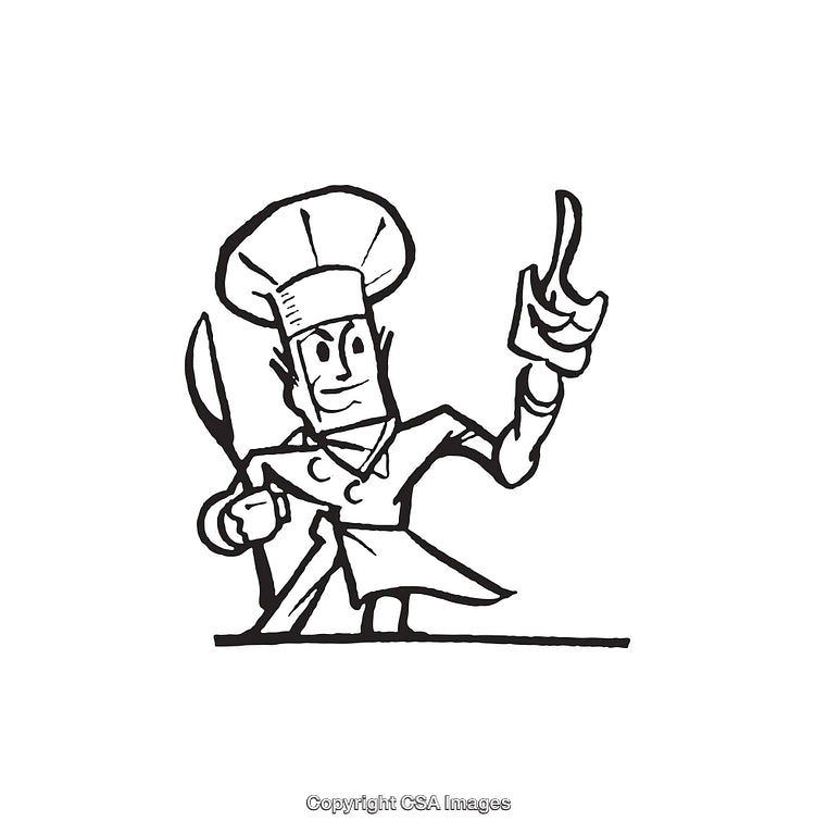 Hand-Drawn Line Art of Chef Performing Culinary Gesture in Black and White