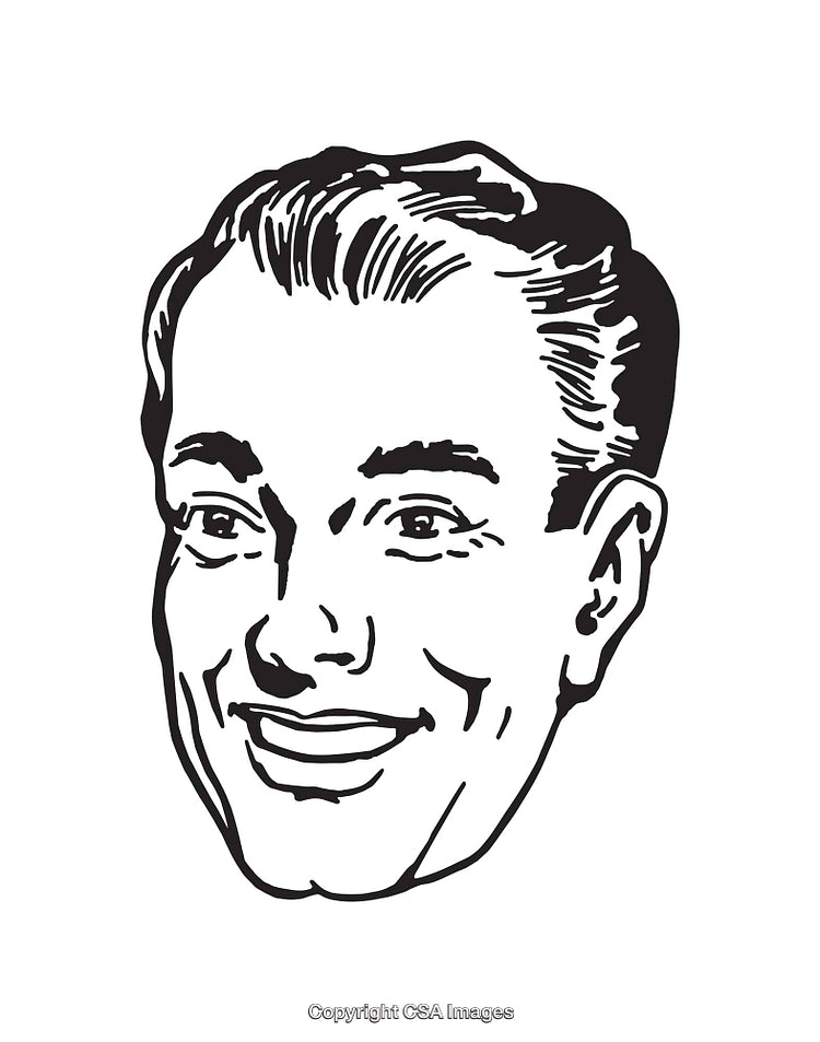 Retro Black And White Illustration of Smiling Man's Face in Line Art Style