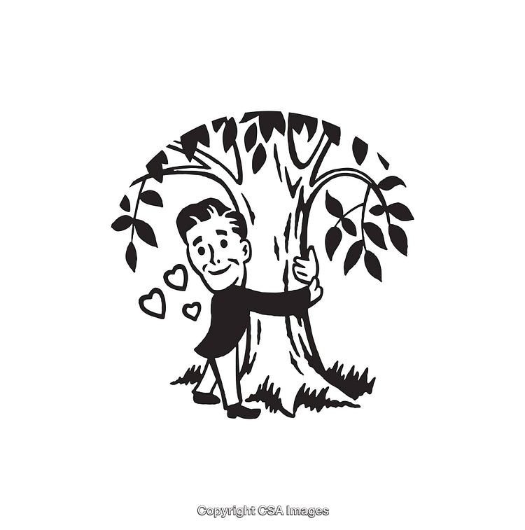 Vintage Styled Line Art of a Man Hugging a Tree with Hearts