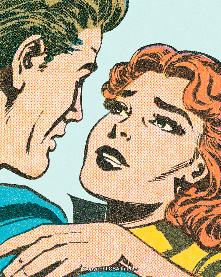 Romantic Vintage Comic Illustration of a Couple Sharing an Intense Moment