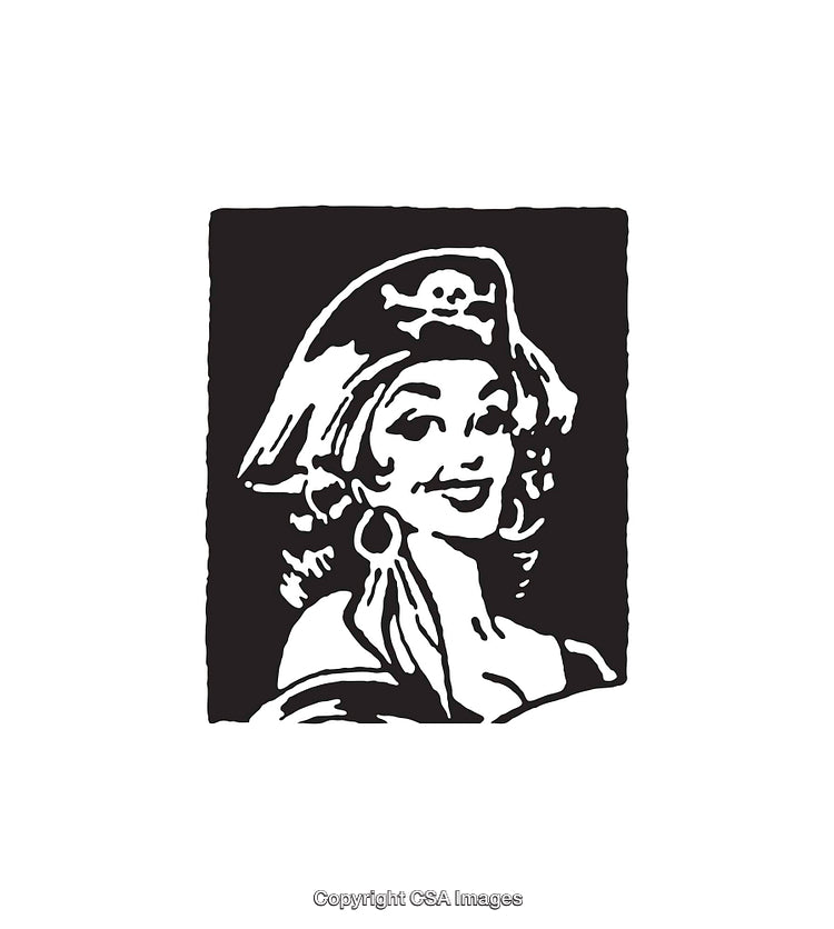 Black and White Line Art of a Charming Female Pirate Portrait