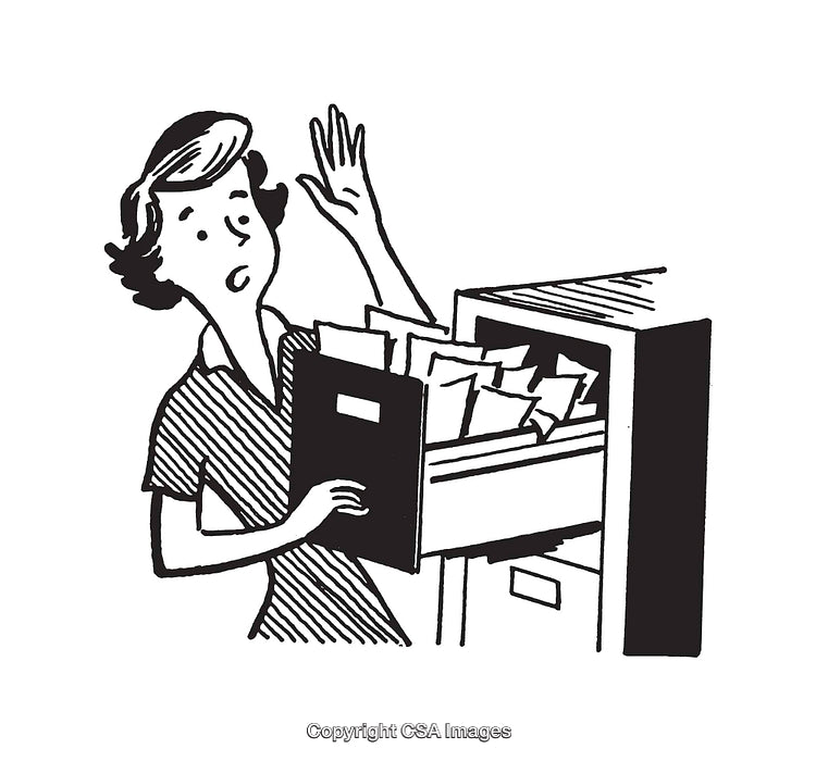 Vintage Illustration of a Woman Handling Files in a Filing Cabinet