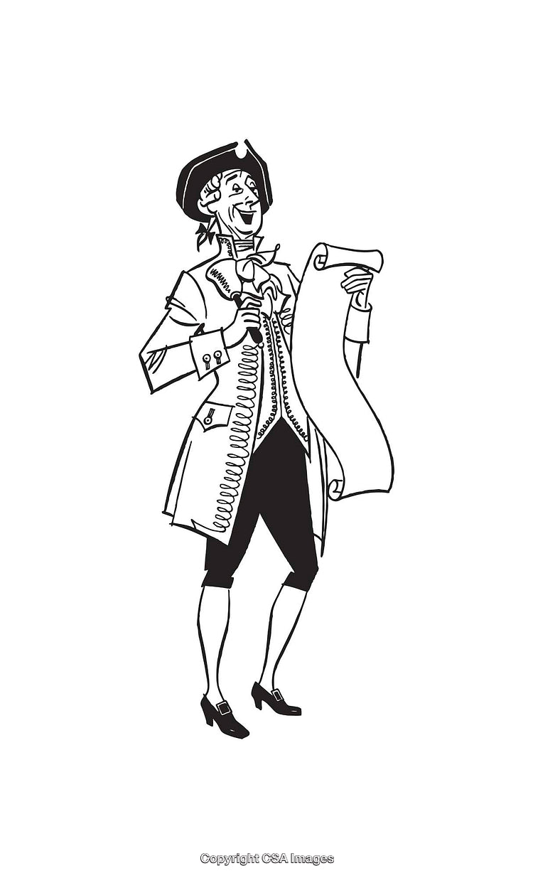 Colonial Character Holding Scroll in Black and White Line Art Illustration