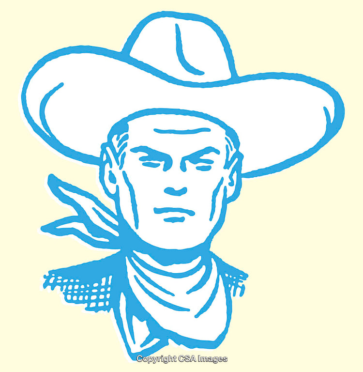 Vintage Blue Line Art of a Western Cowboy Figure