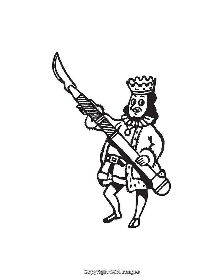 Detailed Black and White Illustration of a Regal Character with a Sword