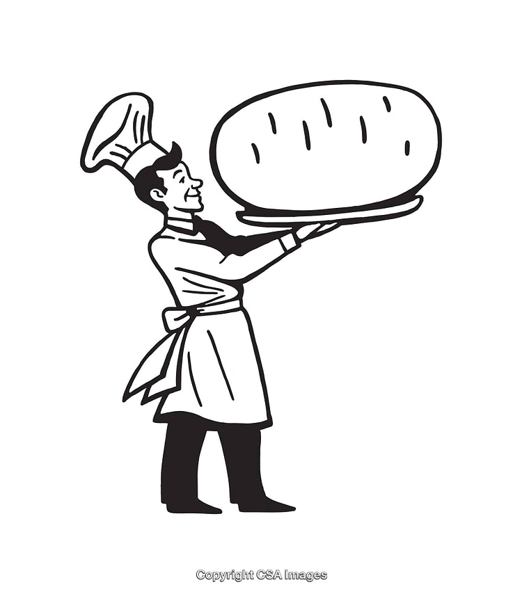 Chef Holding a Large Bread Loaf in Classic Line Art Style
