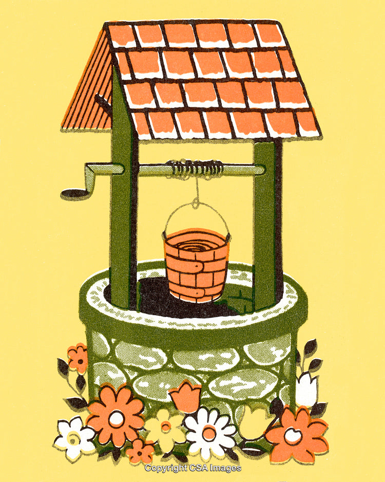 Illustrated Wishing Well with Flowers and Rustic Bucket