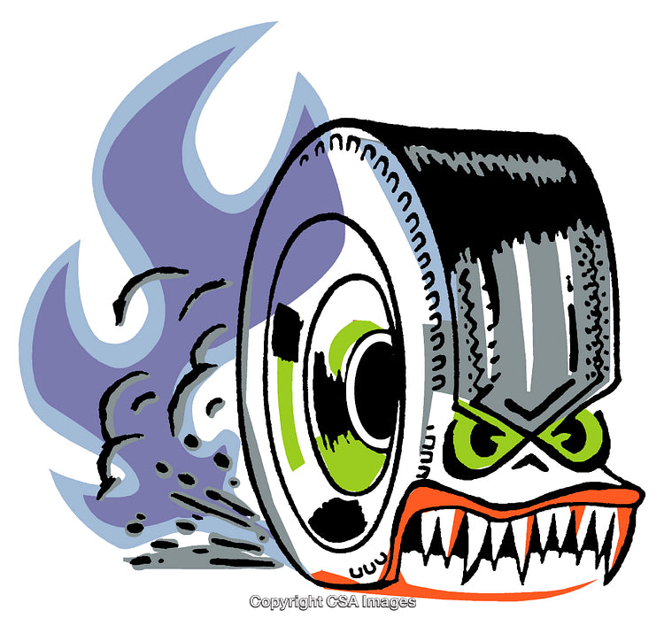 Fierce Cartoon Tire with Flames and Aggressive Expression