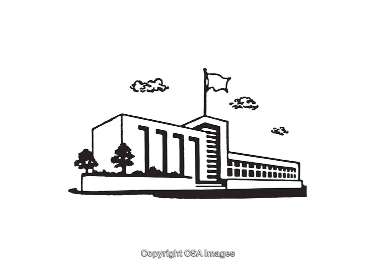 Simple Black and White Line Art of a Building With a Flag