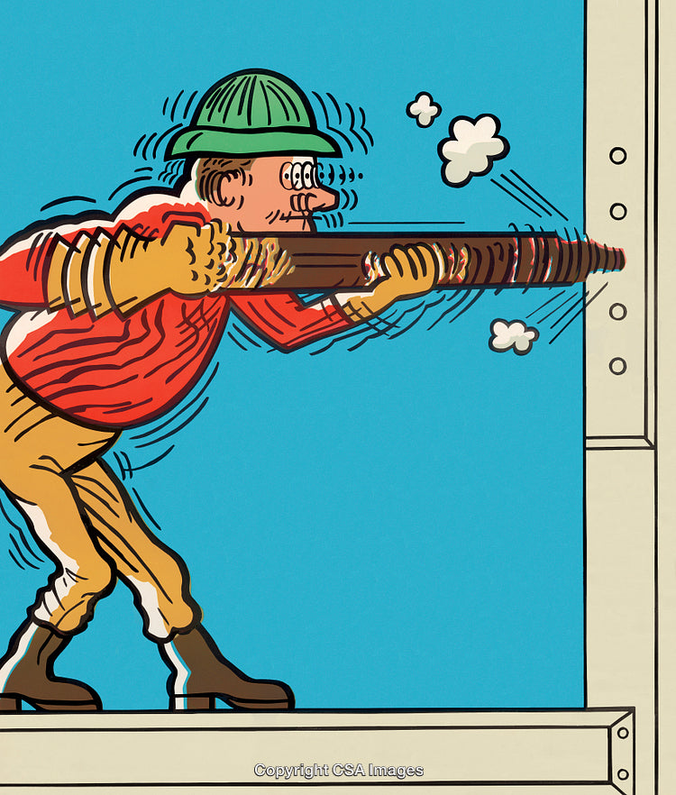 Animated Worker Drilling Through Metal with Dynamism and Vibrant Colors