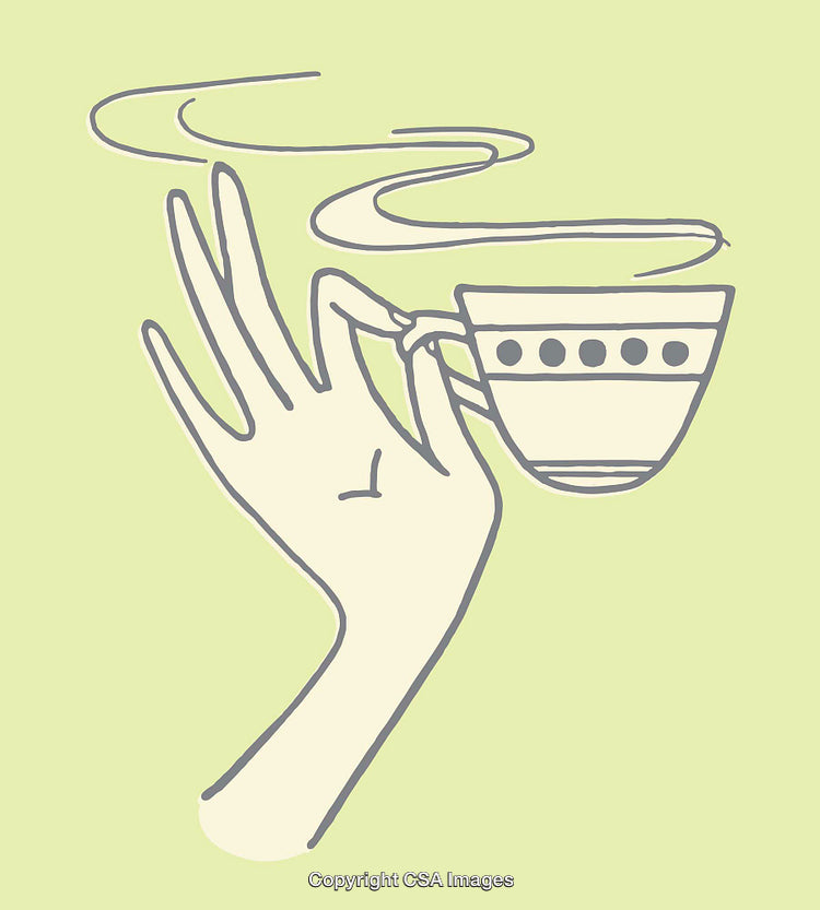 Elegant Line Art of Hand Holding a Steaming Cup on Green Background