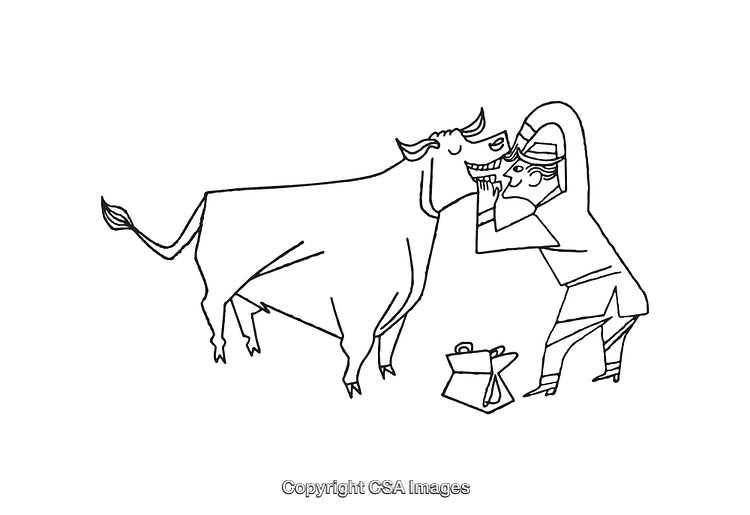 Illustration of a Veterinarian Interacting with a Cow in Line Art Style