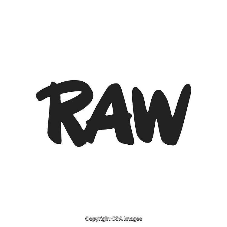 Handwritten Bold Text Reading Raw on White Background