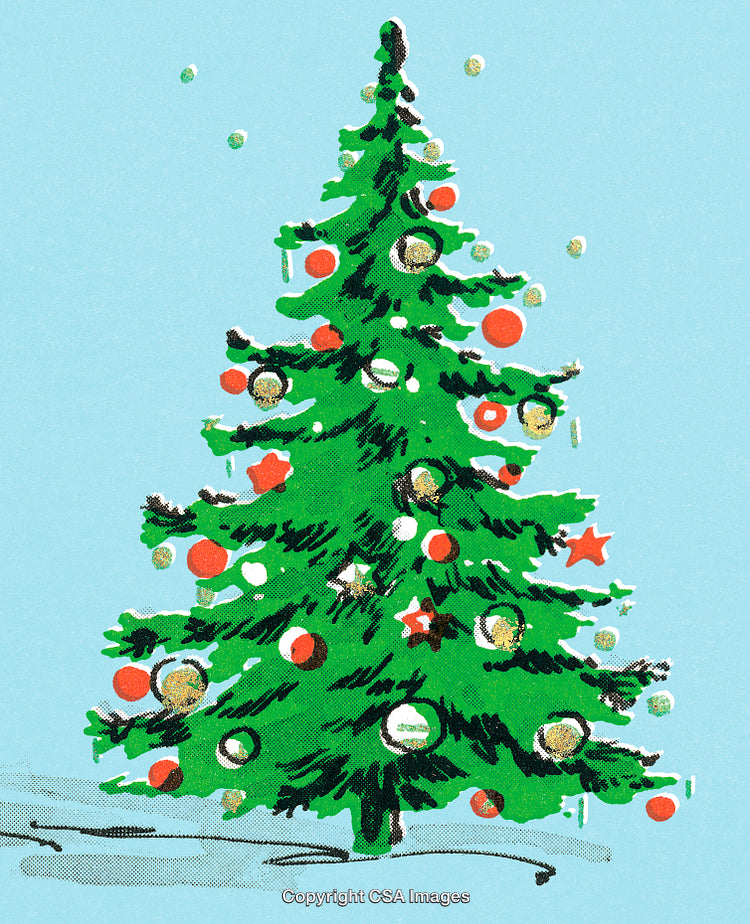 Festive Christmas Tree Illustration Adorned with Colorful Decorations and Ornaments