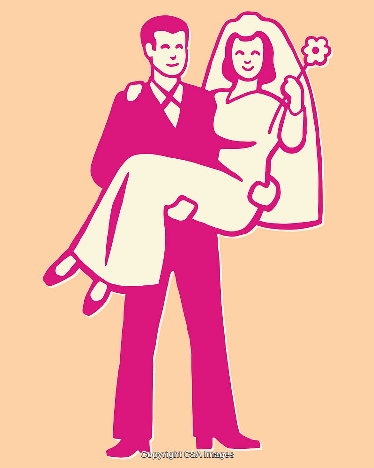 Colorful Line Art Illustration of a Groom Carrying His Happy Bride