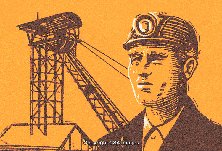 Illustration of a Miner Next to an Industrial Mining Shaft Structure