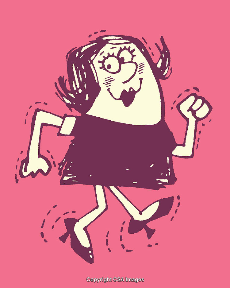 Colorful Cartoon Illustration of a Happy Dancing Woman on a Pink Background