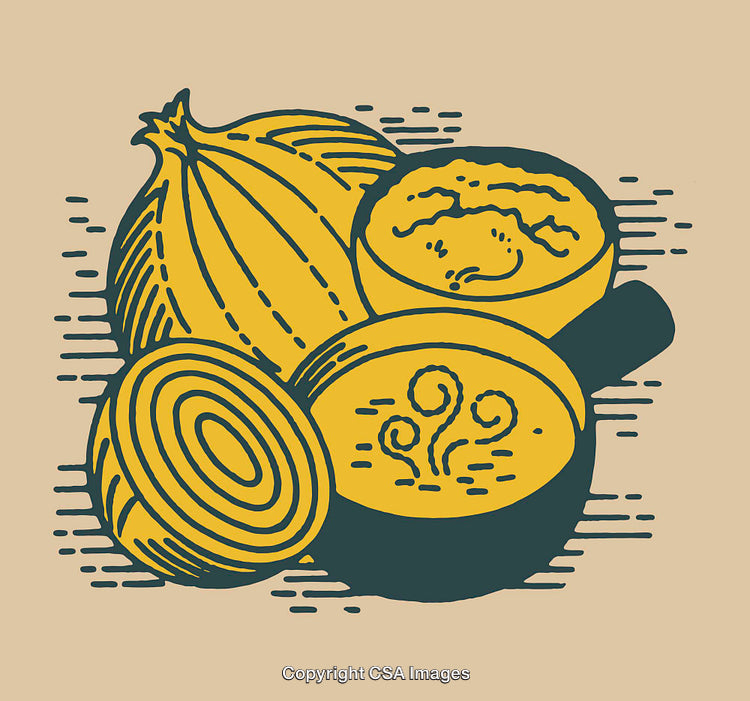 Illustration of Onions and Bowls with Rustic Line Art Style