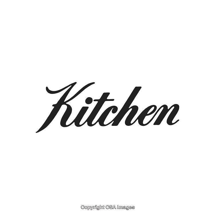 Elegant Black Script Text Design With the Word 'Kitchen' on a White Background