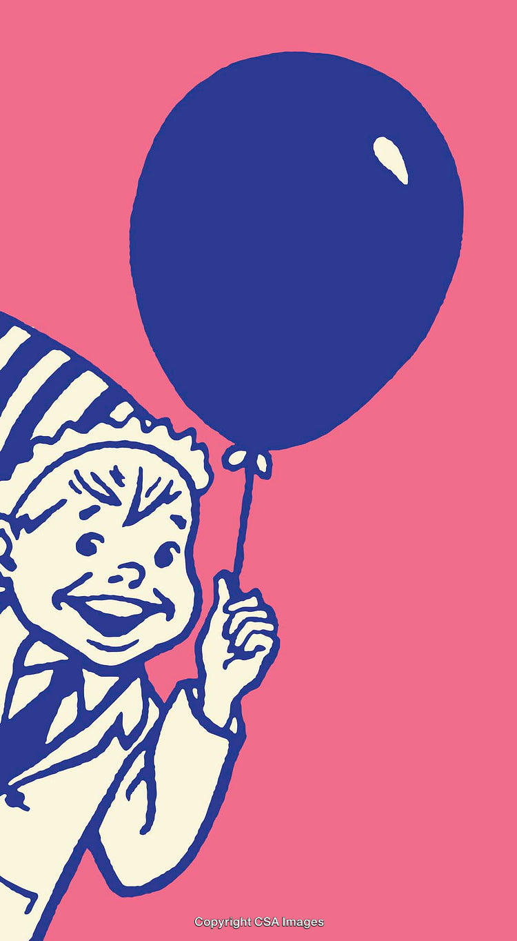 Cheerful Child With Party Hat Holding a Balloon on Bright Background