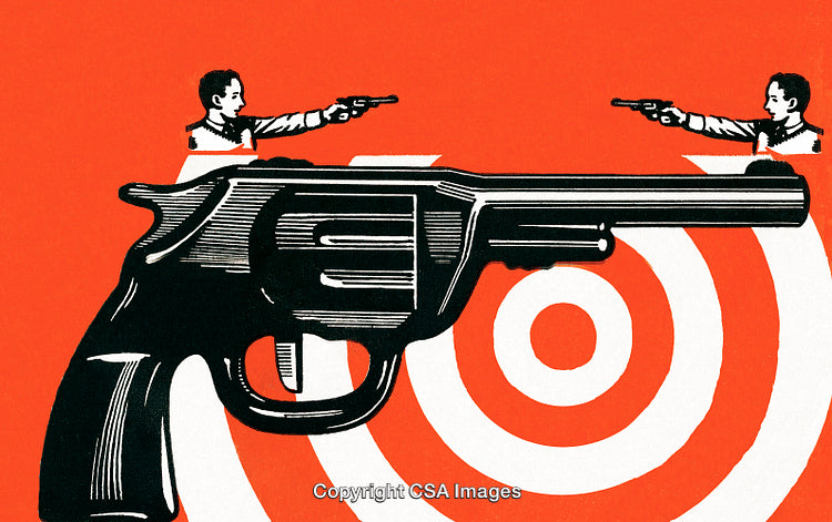 Illustration of a Gun with Two Figures in a Dynamic Composition