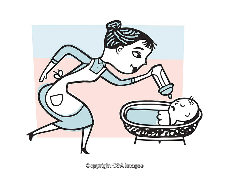 Illustration of Mom Preparing a Bottle for Baby in a Bathtub