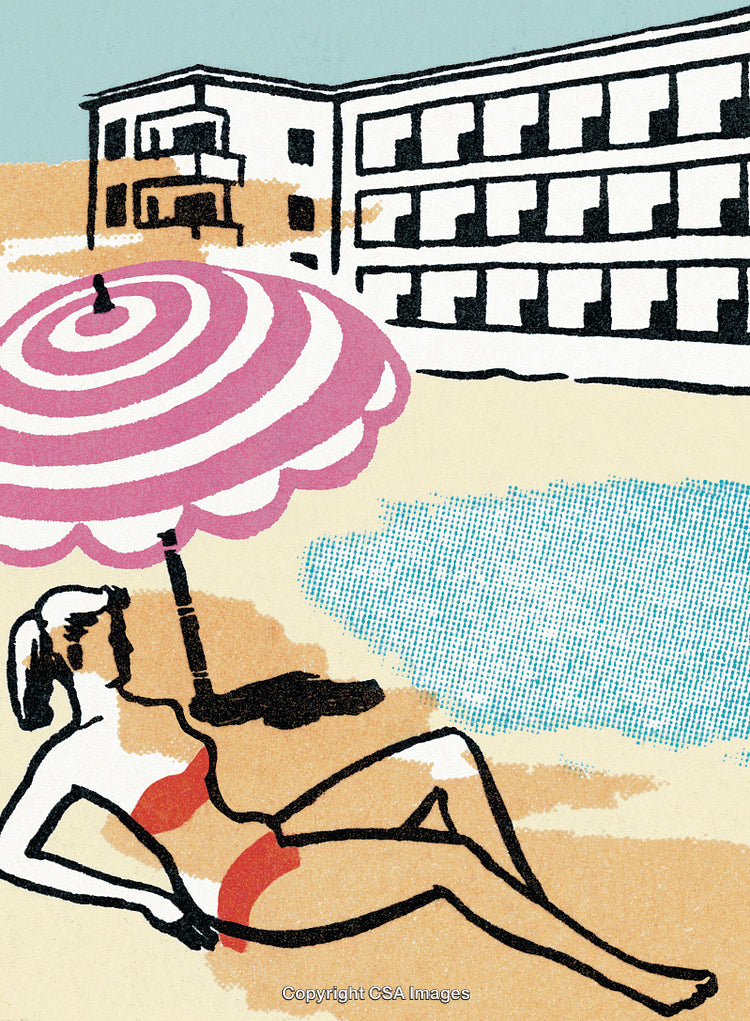 Illustrated Woman Relaxing by a Poolside with Resort Buildings in Background