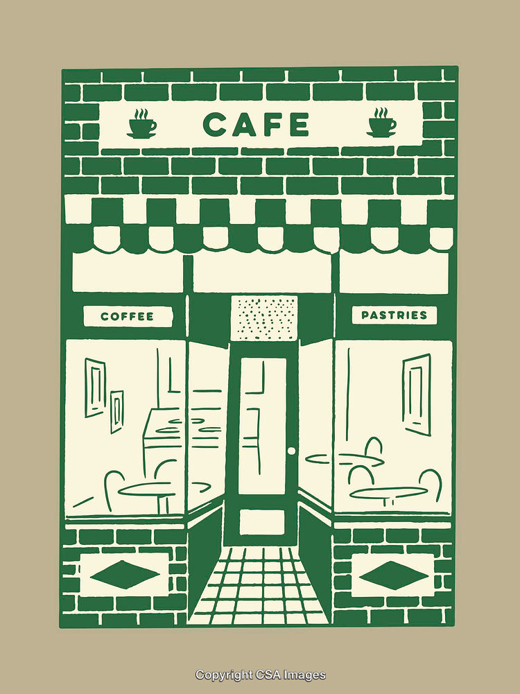 Vintage Green and Beige Line Art Cafe Illustration