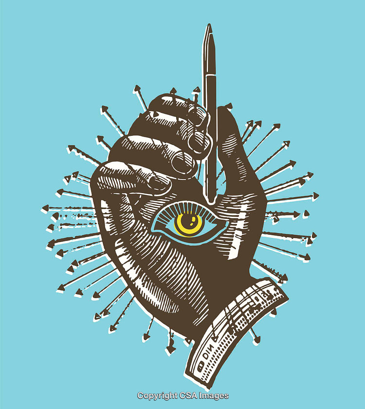 Conceptual Line Art of Hand Holding Pen with Eye and Arrows