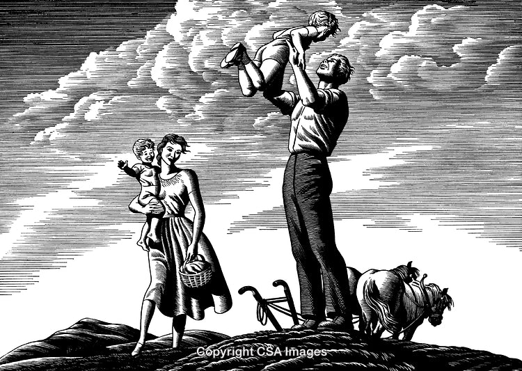Classic Engraved Illustration of a Family in a Natural Rural Setting