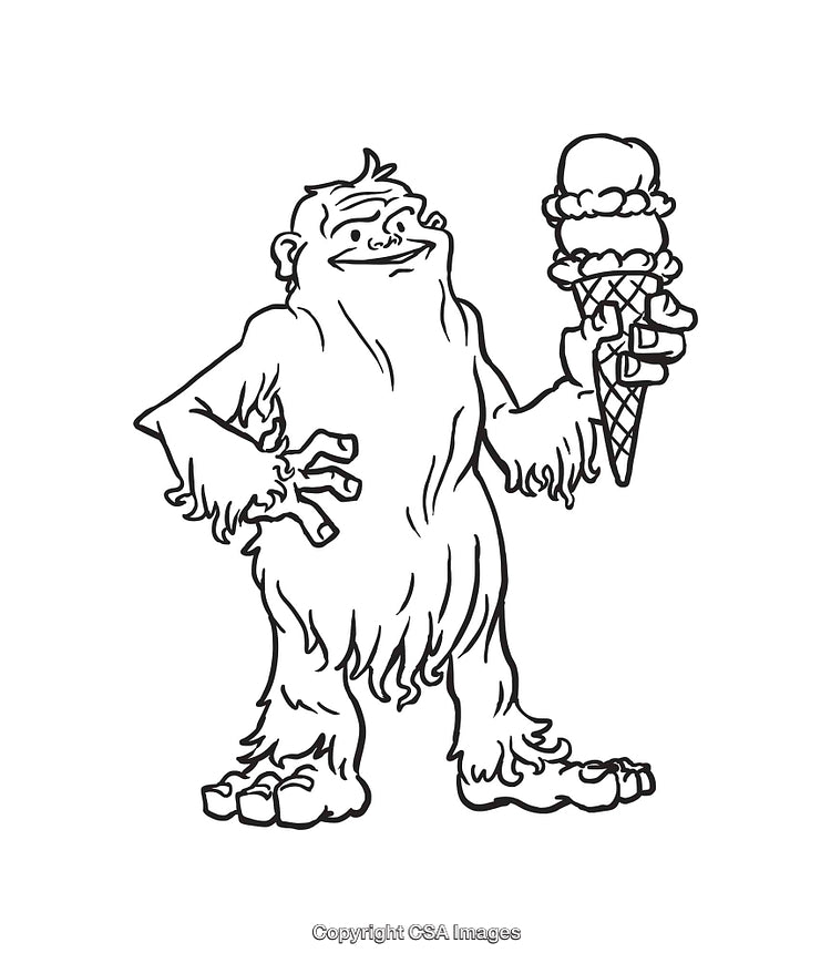Funny Sasquatch Holding Ice Cream in Black and White Line Art