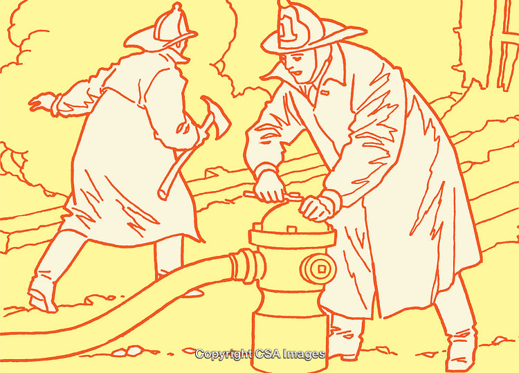 Firefighters Using a Hydrant in a Color Line Art Illustration Scene