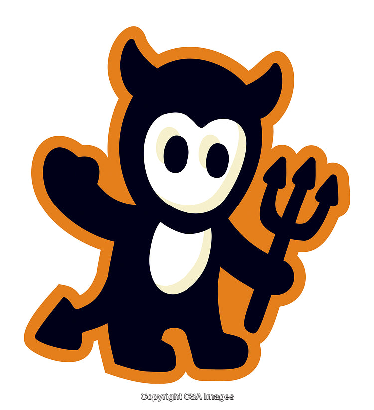 Cartoon Devil Character with Trident on Orange Background